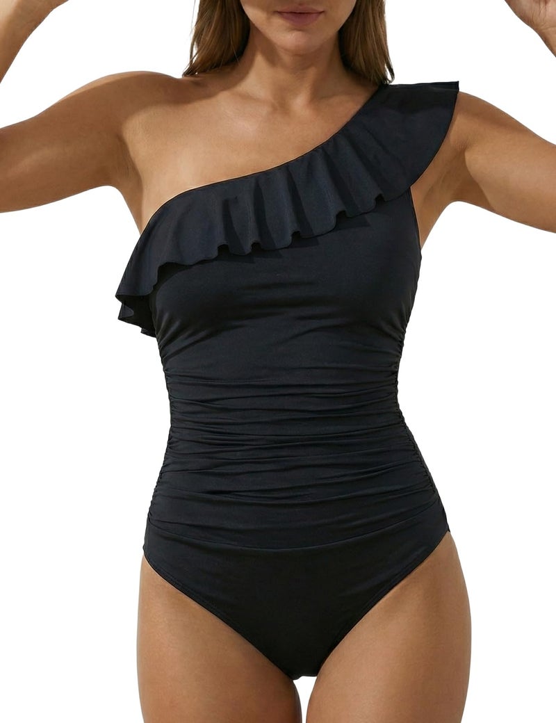 Hilor Women's Black Tummy Control One Piece Swimsuits Ruffled One Shoulder Swimwear Asymmetric Bathing Suits 6 - Image 2